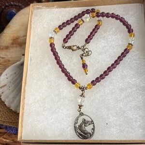 Amethyst and Amber Beaded Necklace with Wolf Pendant